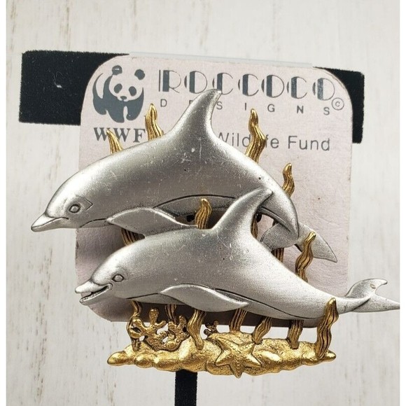 Vintage JJ Jonette Two Playful Dophins Swimming in Seaweed Brooch Pin - Picture 2 of 10